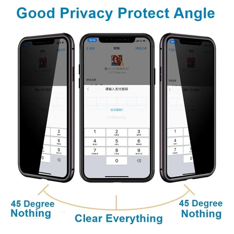 Magnetic Tempered Glass Privacy Metal Case for Iphone 15 14 13 12 XR 11 Pro MAX X 7 8 6 plus 360 Magnet Antispy Protective Cover